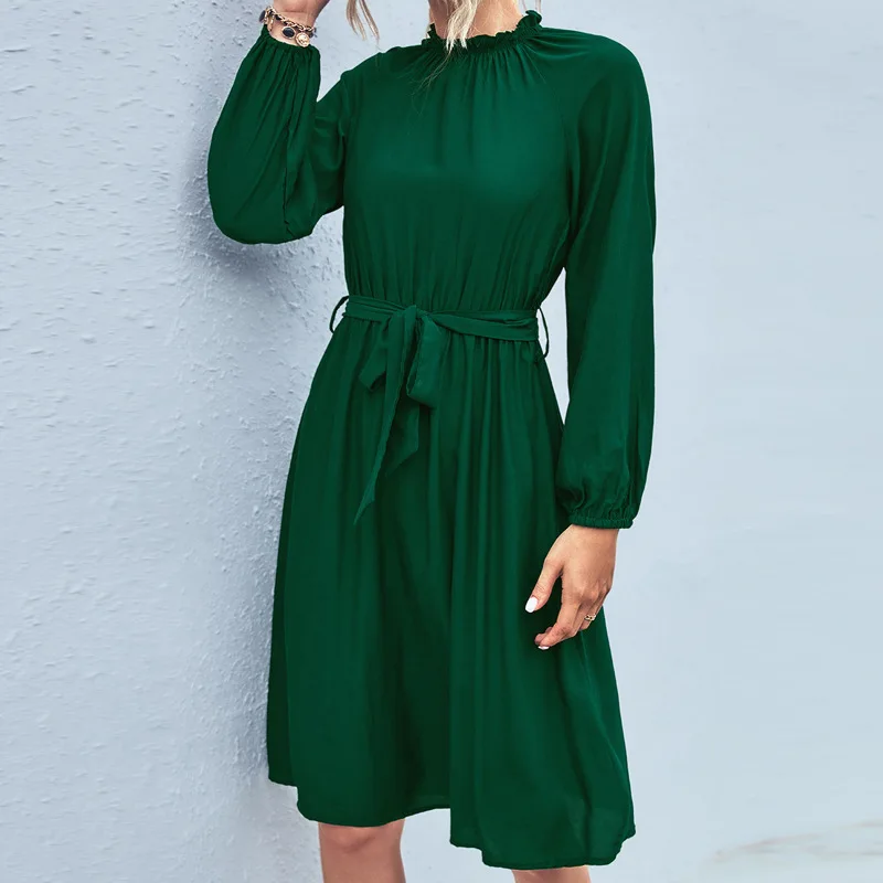2022 Autumn Women's Fashion Solid High Neck Lace Up High Waist Slim Dress