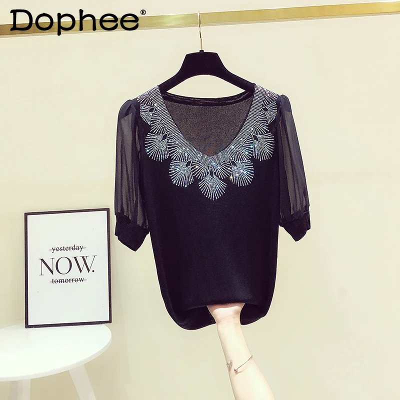 

Elegant V-neck Rhinestone Black Knitted T-shirt Women 2022 Summer Solid Color Diamond Bubble Short Sleeve Casual Tshirt Top Tide