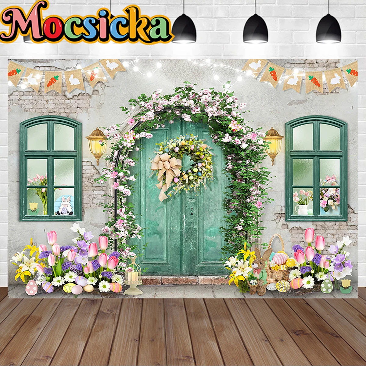 

Mocsicka Spring Studio Easter Backdrop Vintage Green Window Door Decoration Background Tulips Bunny Kid Baby Birthday Photobooth