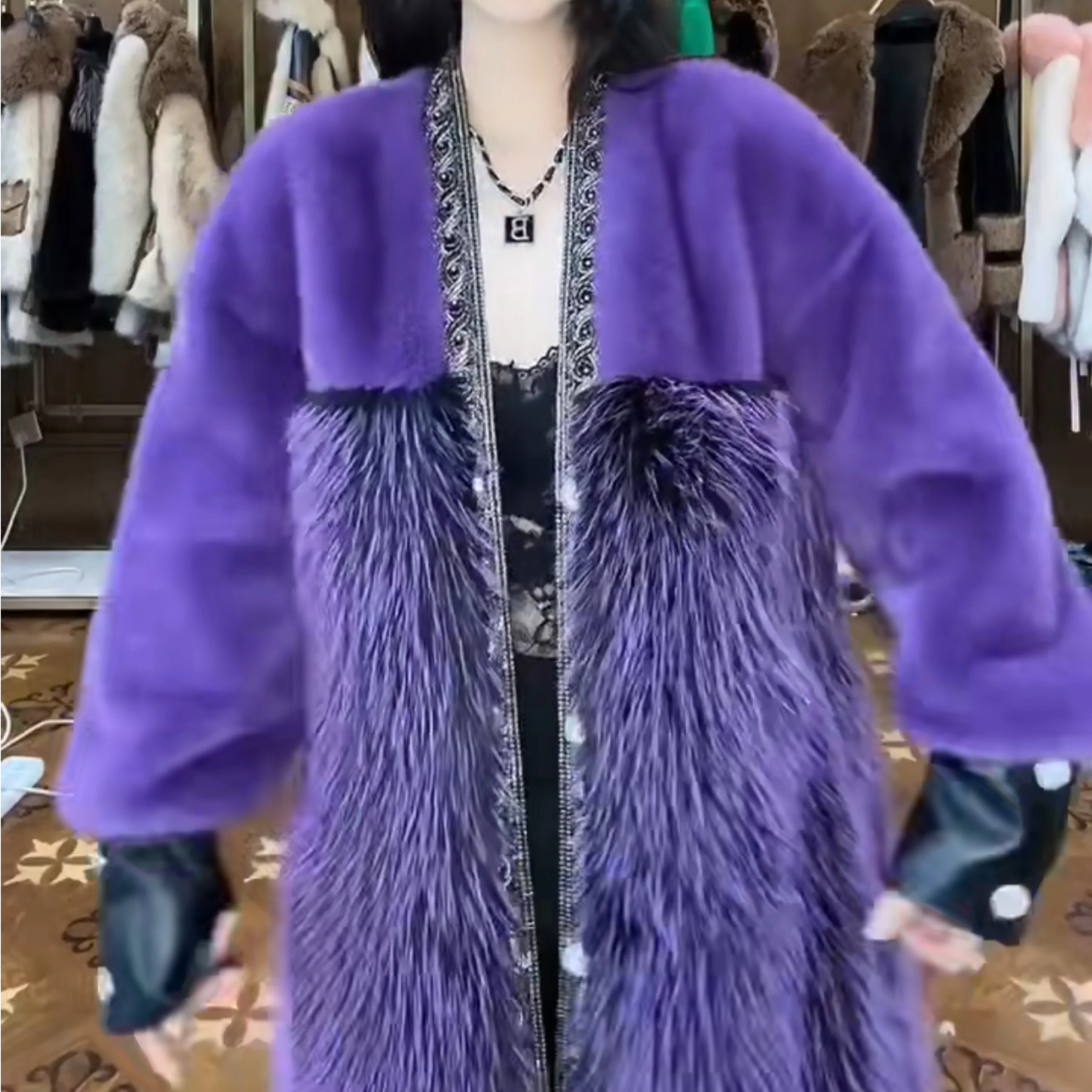 European Fur Jacket 2022 New Winter Coats Fashion High-End Long Sleeve Women's Toka Double Face Wool Leather Warm Faux Fur Coat