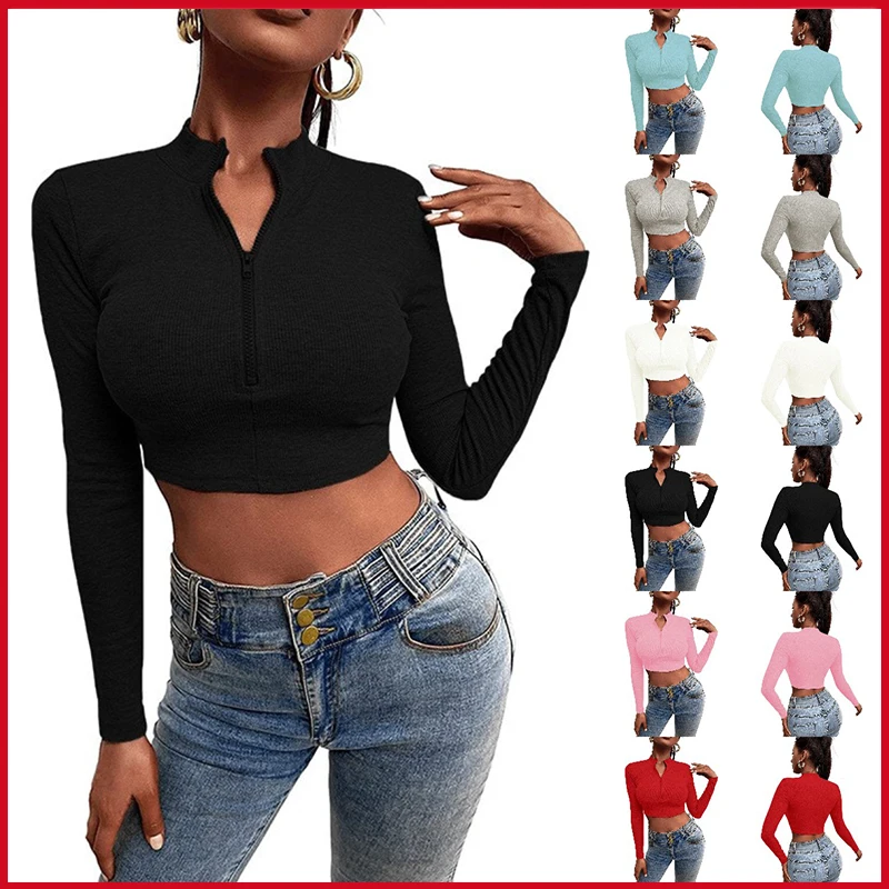 

Spring Zipper Solid Knitted Slim T-shirt Women's Clothing Long Sleeve O-Neck Y2K Croptops Club Party Sexy Black T Shirt Female