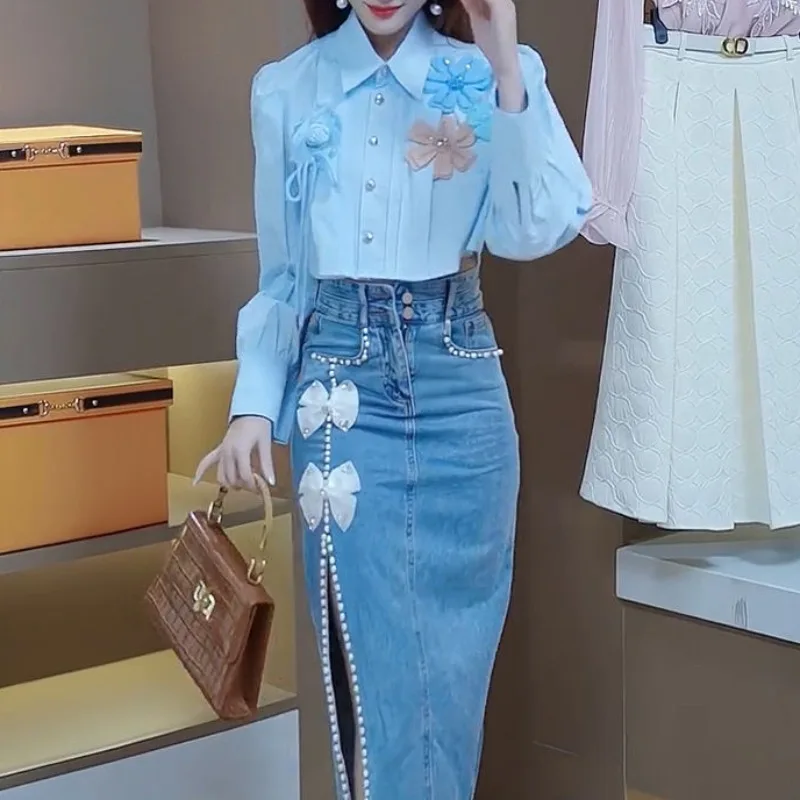 Женская Джинсовая Юбка-миди с разрезом трапециевидная юбка из денима в винтажном