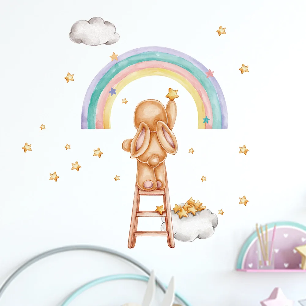 Мультяшные радужные наклейки на стену в виде кролика для детской комнаты, для детской комнаты, для спальни, гостиной, Луны, облака, украшение для дома, Настенный декор, плакат
