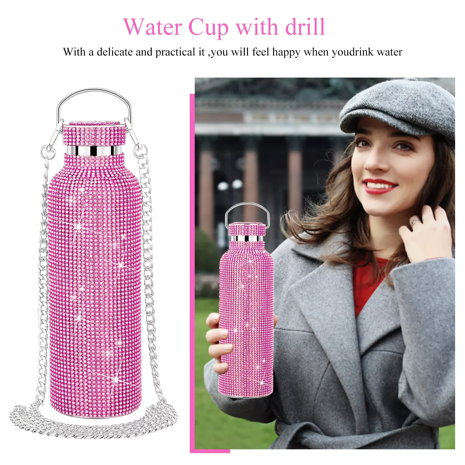 

Diamond Thermos Bottle with Chain Water Bottle 304 Stainless Steel Reusable 350ml/500ml/750ml Easy Clean Girl Women Gift
