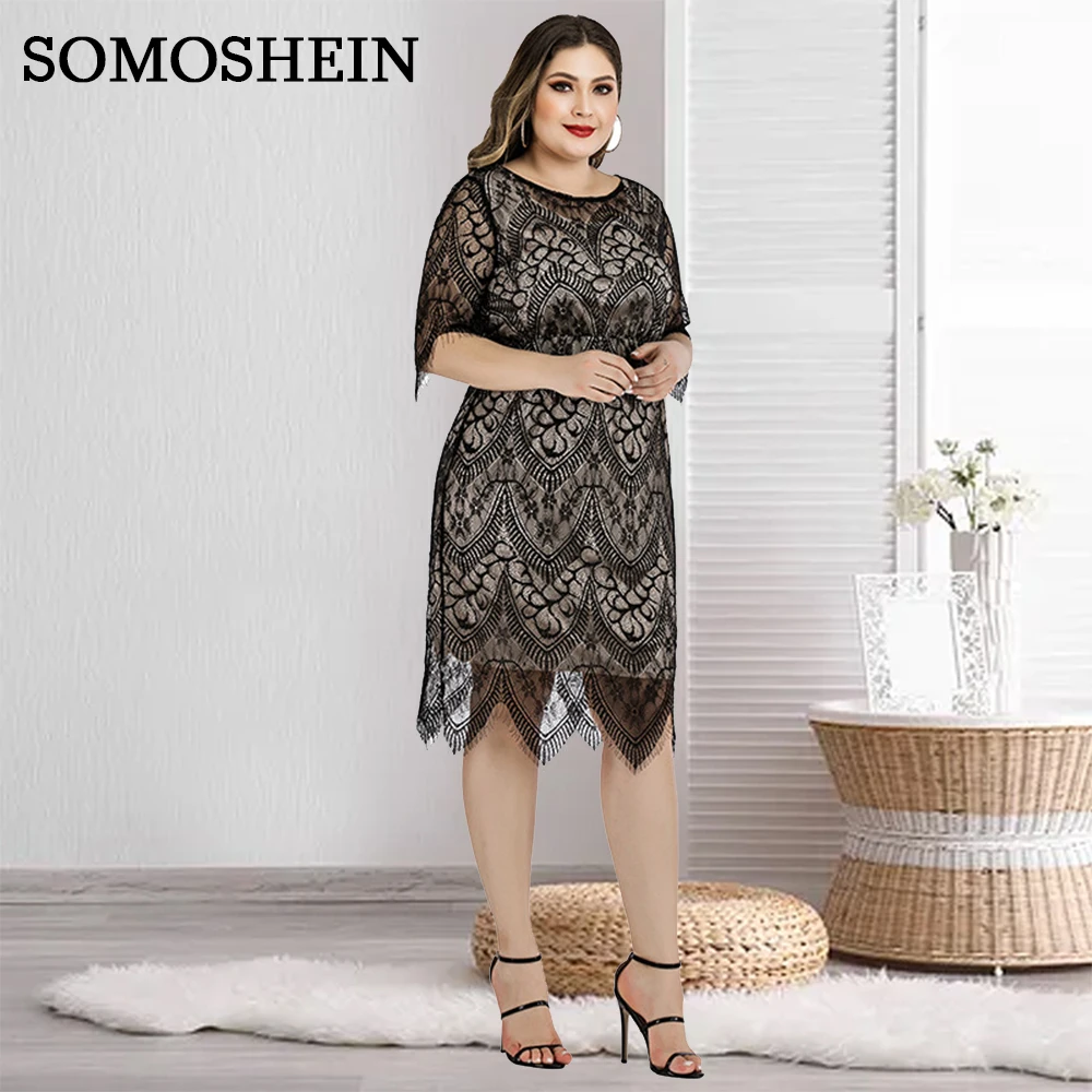 

SOMOSHEIN Plus Size Women Clothing Round Neck Lace Solid Color Short Sleeve Dress Birthday Party Dress Wholesale Dropshipping