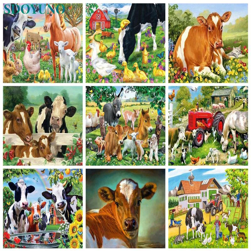 

SDOYUNO Pasture Cow Painting By Numbers DIY Home Furnishing Decoration Originality Hand-Painted Illustration Gift Frame Canvas