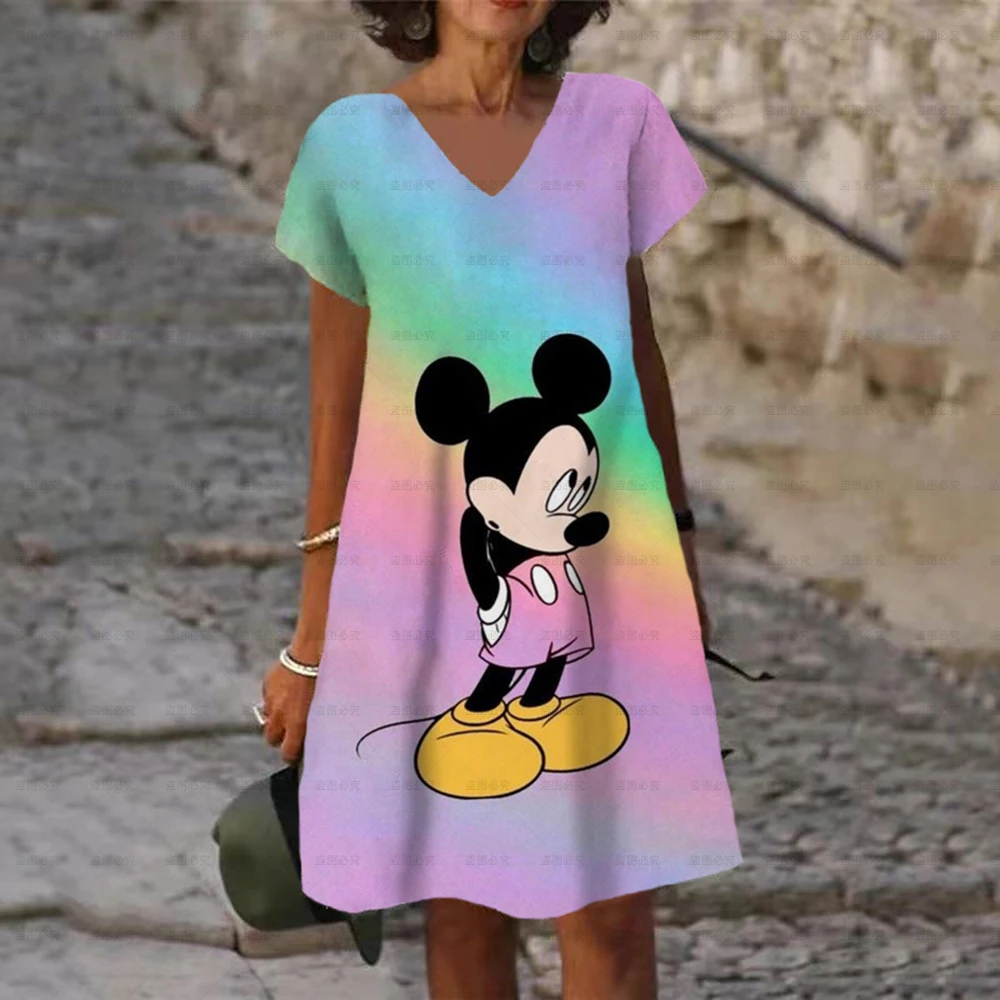Women Short Sleeve V-Neck Disney Minnie And Mickey Mouse Print Dress 2022 Summer New Loose Mid Length Skirt Ladies Fashion Dress
