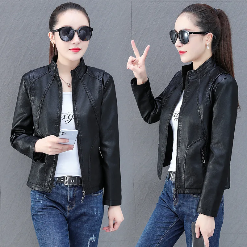 Leather Women's Spring  Autumn Short Coat 2022 Korean PU Leather Fashion Slim Leather Jacket Gray Skinny Top  Jaqueta Feminina