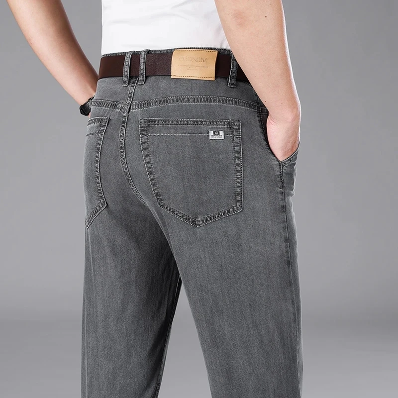 

Новинка летние мужские тонкие технические синие прямые джинсы деловая мода лиоцелл Стрейчевые Роскошные джинсовые брюки мужские Брендовые брюки
