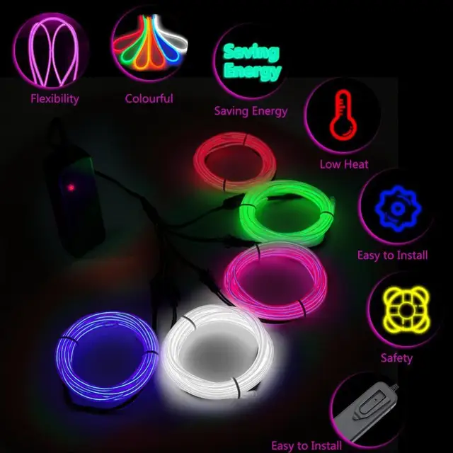 1m Car Interior Atmosphere Lighting LED Strip 5V DIY Flexible EL Cold Light Line Tube With USB Auto Decoration Ambient Lamp 4