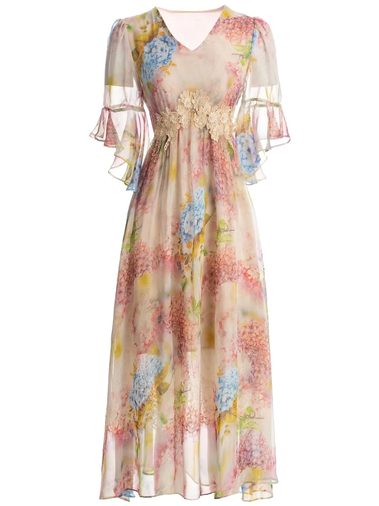 

Fashion New High Quality Designers Women's Summer Bohemian High Street Casual Party Elegant Floral Appliques Print Chiffon Dress