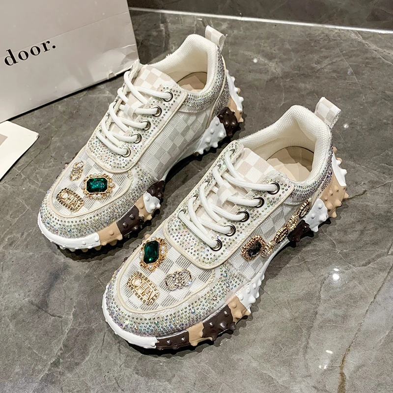Autumn Women Casual Sneakers Luxury Designers Rhinestone Diamond Thick Bottoms Shoes Female Tennis Trainers Jogging Walking Shoe