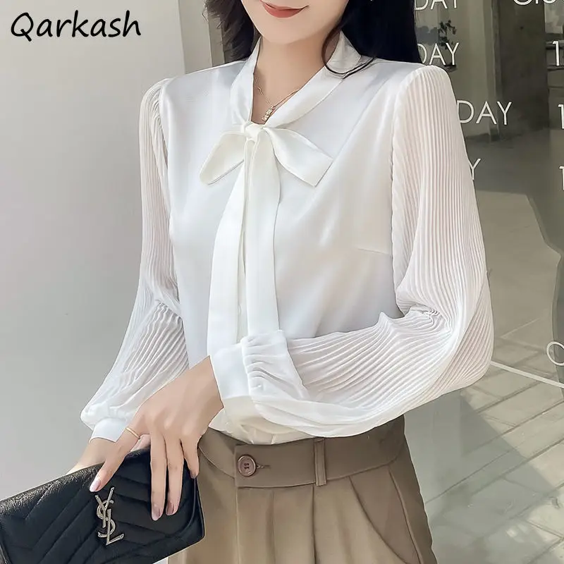 

Women Satin Causal Shirts Bow Collar Pleated Long Sleeve Tops Formal Workwear Designer Loose Tender OL Mature Ulzzang Blusas Ins