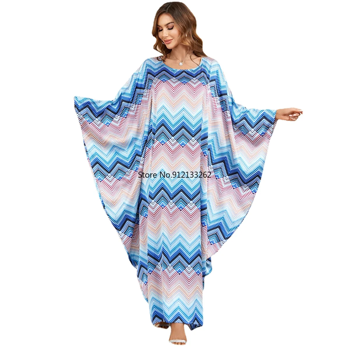 Maxi Dresses for Women 2023 Summer Fashion Style Blue Muslim Women Long Sleeve O-neck Polyester Long Abaya Muslim Dresses