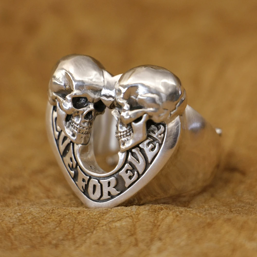 Кольцо из стерлингового серебра 925 пробы Love Forever Skulls Heart Biker Punk Ring TA443 размер США 6 ~ 15