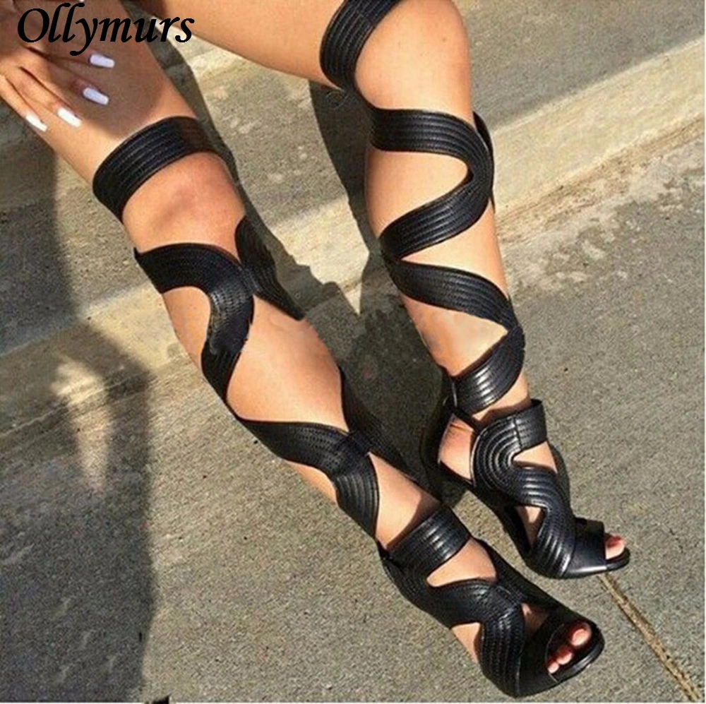 

Ollymurs Sexy Bandage Cutout Over The Knee High Thigh High Boots Hot Lady Thin High Heels Sandals Shoes Women