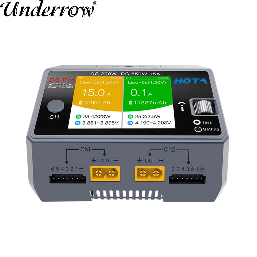 HOTA D6 Pro Умное зарядное устройство для аккумуляторов Черный AC 200w DC 2x325w / 15a Канальное разрядное зарядное устройство для литиевых батарей Rc