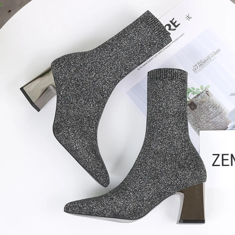 Luxury Women Sock Boots Square Heels Sexy Ladies Party Shoes Knitting Stretch 2022 Autumn Winter Booties Ankle Boots Female