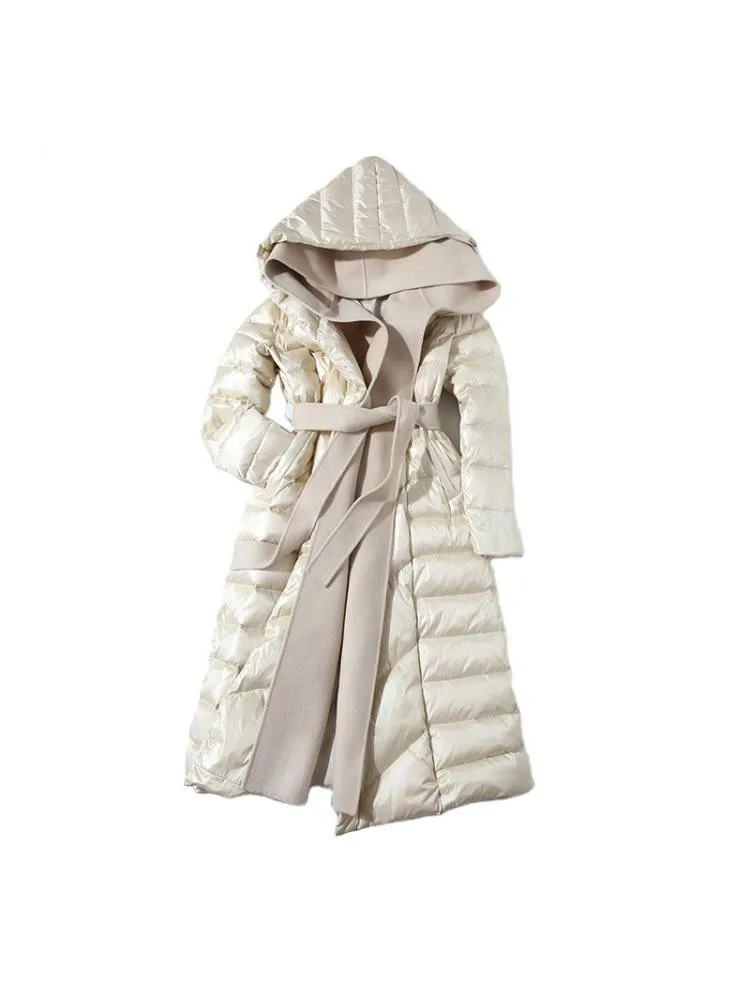 2022 Winter High-End Black Thicke Long 90 White Duck Down Coats Women Stitching Wool Hooded Lace Up Padded Warmer Jackets