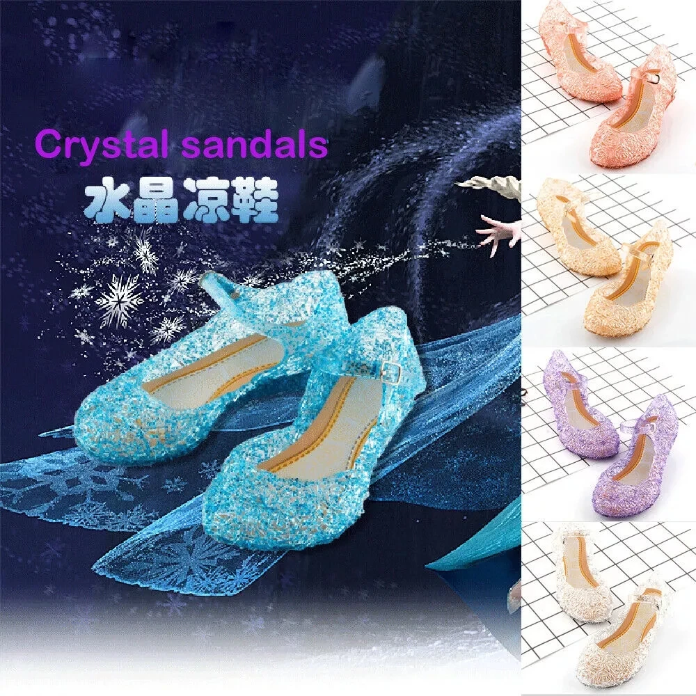 

Girls Kids Summer Crystal Sandals Frozen Princess Jelly High-Heeled Shoes Princess Frozen Elsa Cosplay Party Dance Shoes