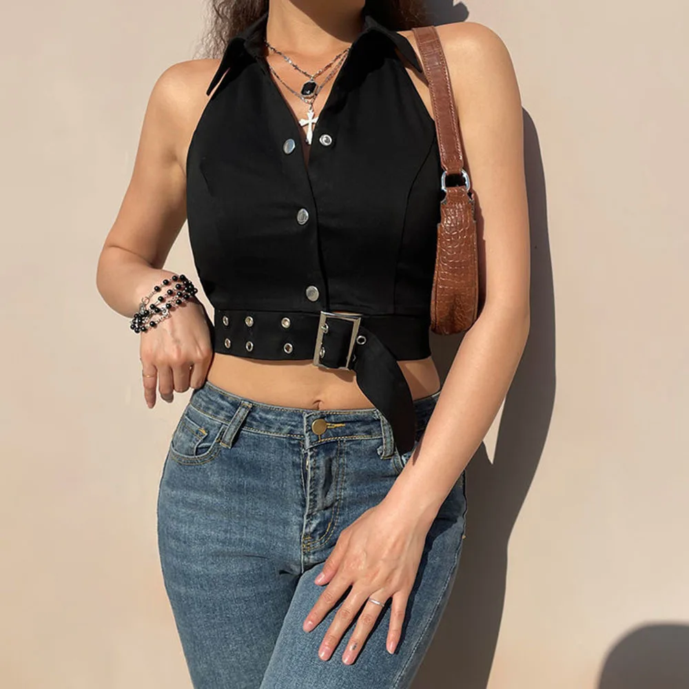 

Y2K Metal Button Corset Top Summer Turn Down Collar Retro Crop Tops Sexy Backless Elegant Stretchy Women Club Party Tees Tanks