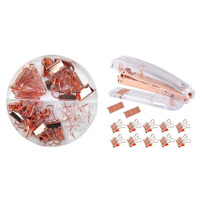 

2 комплекта офисных аксессуаров: 1 Набор строительных зажимов с коробкой и 1 набор настольного степлера из розового золота