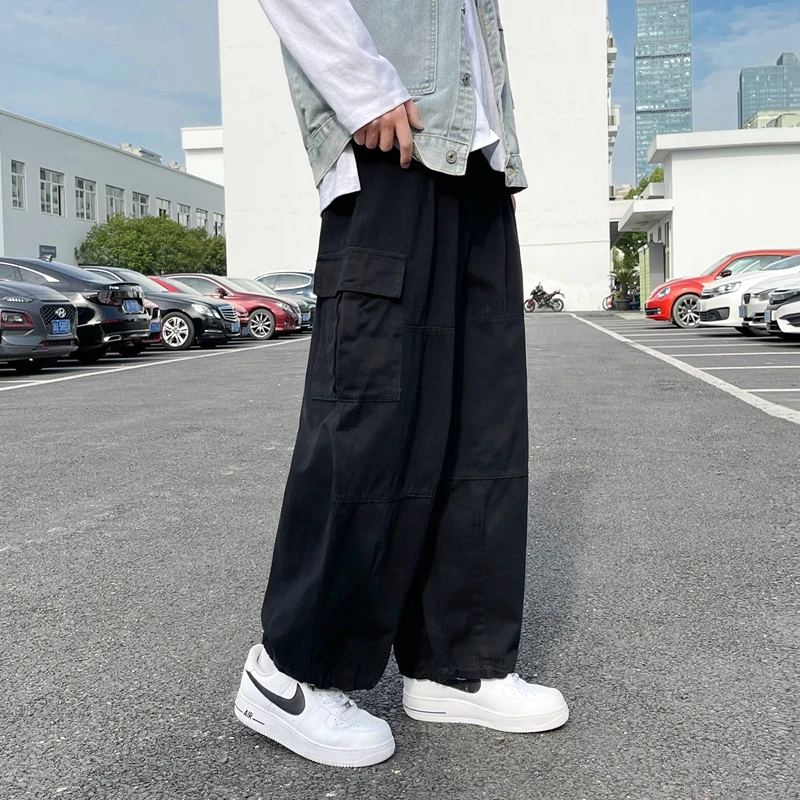 

Japanese Retro Pocket Work Casual Pants Men Streetwear Loose Straight Trousers Male Joggers Leg Wide Drawstring Cargo Pants Men