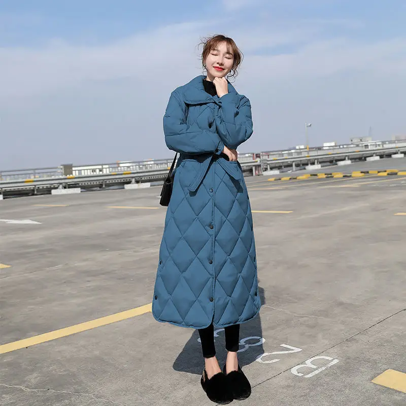 Fashion Autumn and Winter 2022 New Long Section Plaid Casual Thick Down Jacket Women's Long-sleeved Jacket Lapel Single-breasted
