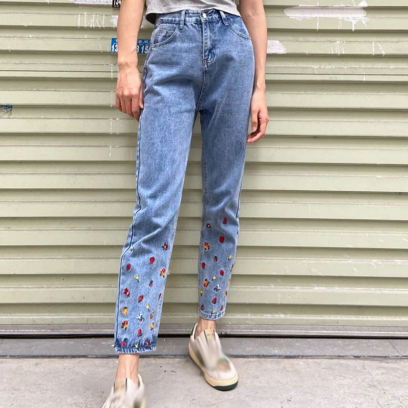 

Новые женские джинсы с завышенной талией облегающие повседневные темпераментные женские рваные узкие джинсы с вышивкой для девочек-подрос...
