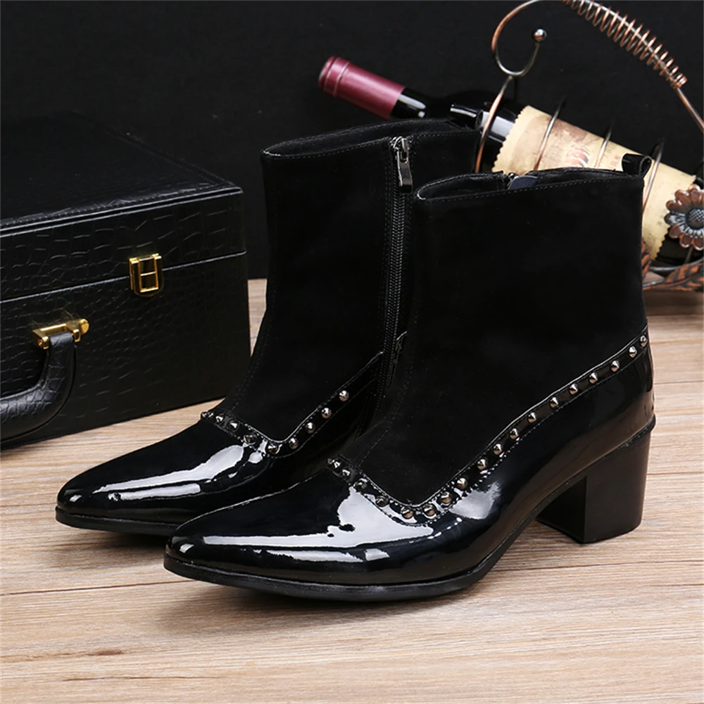 

Black Patchwork Nylon Patent Leather Rhinestone Thick High Heels Pointed Toe Boots Male Cowboy British Style Dress Shoes