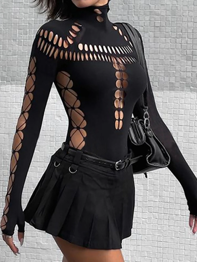 Goth Dark Cyber Y2k панк сексуальные открытые боди готическая одежда черная водолазка