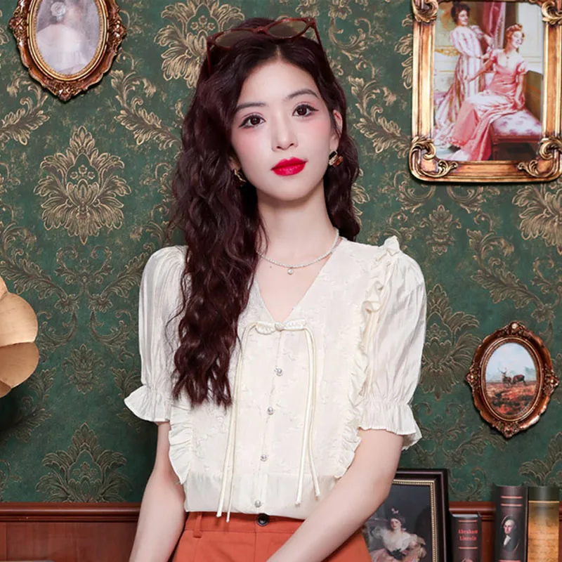 Летняя модная Новая женская блузка с коротким рукавом и V-образным вырезом