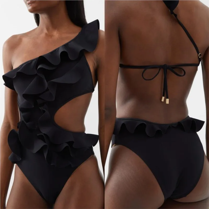 

Женский слитный купальник, пляжная одежда 2023, женское однотонное черное бикини на одно плечо, купальник из спандекса с эффектом пуш-ап