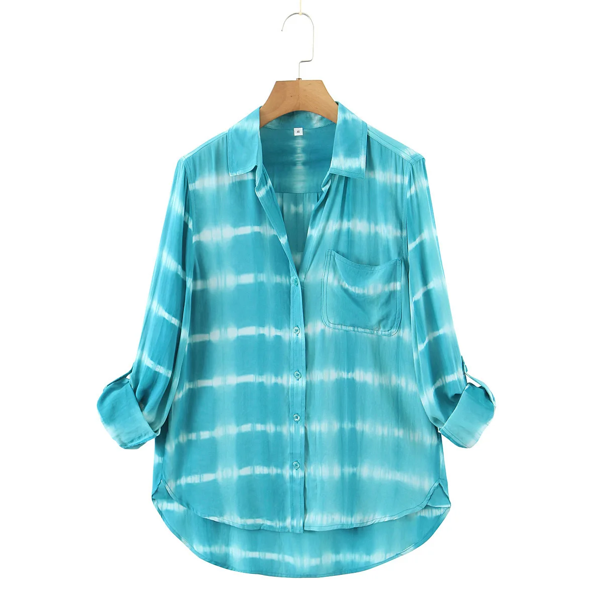Bmissingyou Sky Blue Tie Dye Women Shirts Fold Over Cuffs with Pockets Yellow Single Breasted Casual Ladies Blouse Lapel