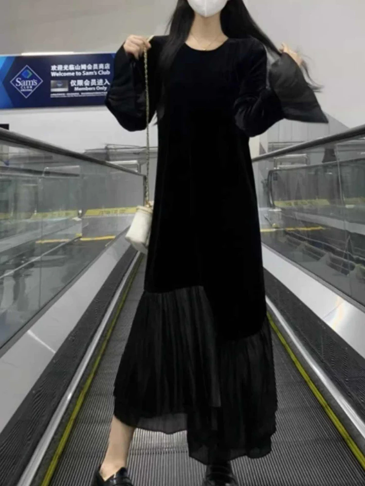 Женское бархатное платье-годе с длинным рукавом и круглым вырезом