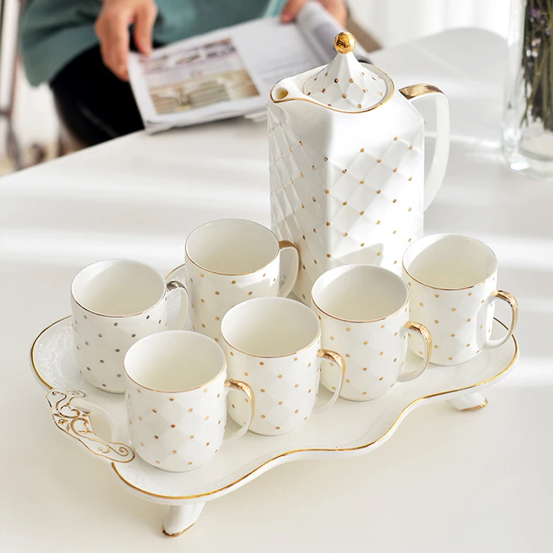 

8PCS Luxury White Porcelain Coffee or Tea Set With Gold Dots Ceramic Teapot Storage Tray Kitchen Tableware Home