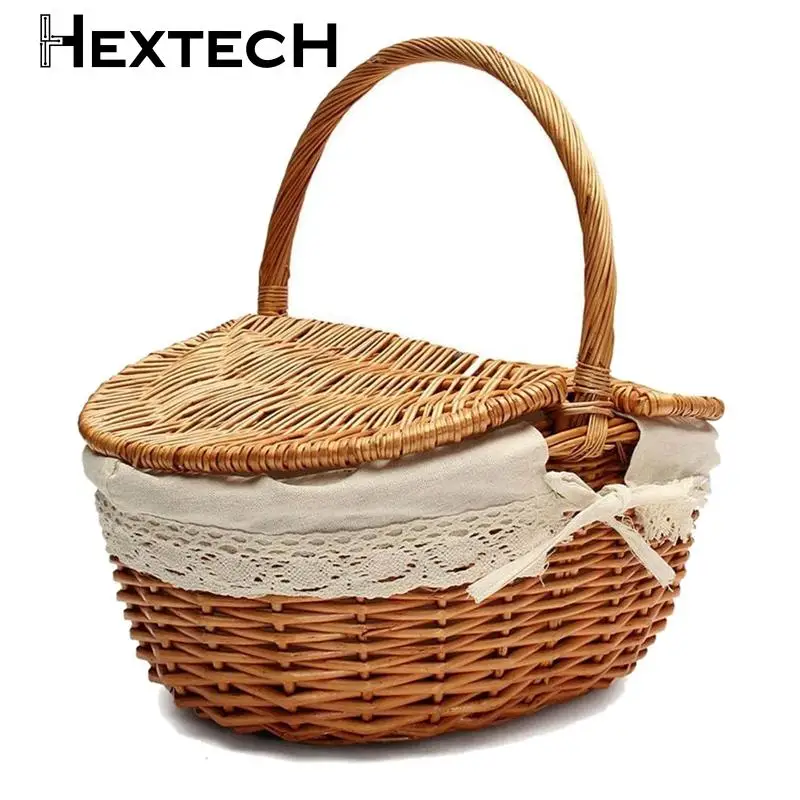 Handmade Wicker Basket with Handle Wicker Camping Picnic Basket with Double Lids Shopping Storage Hamper Basket with Cloth