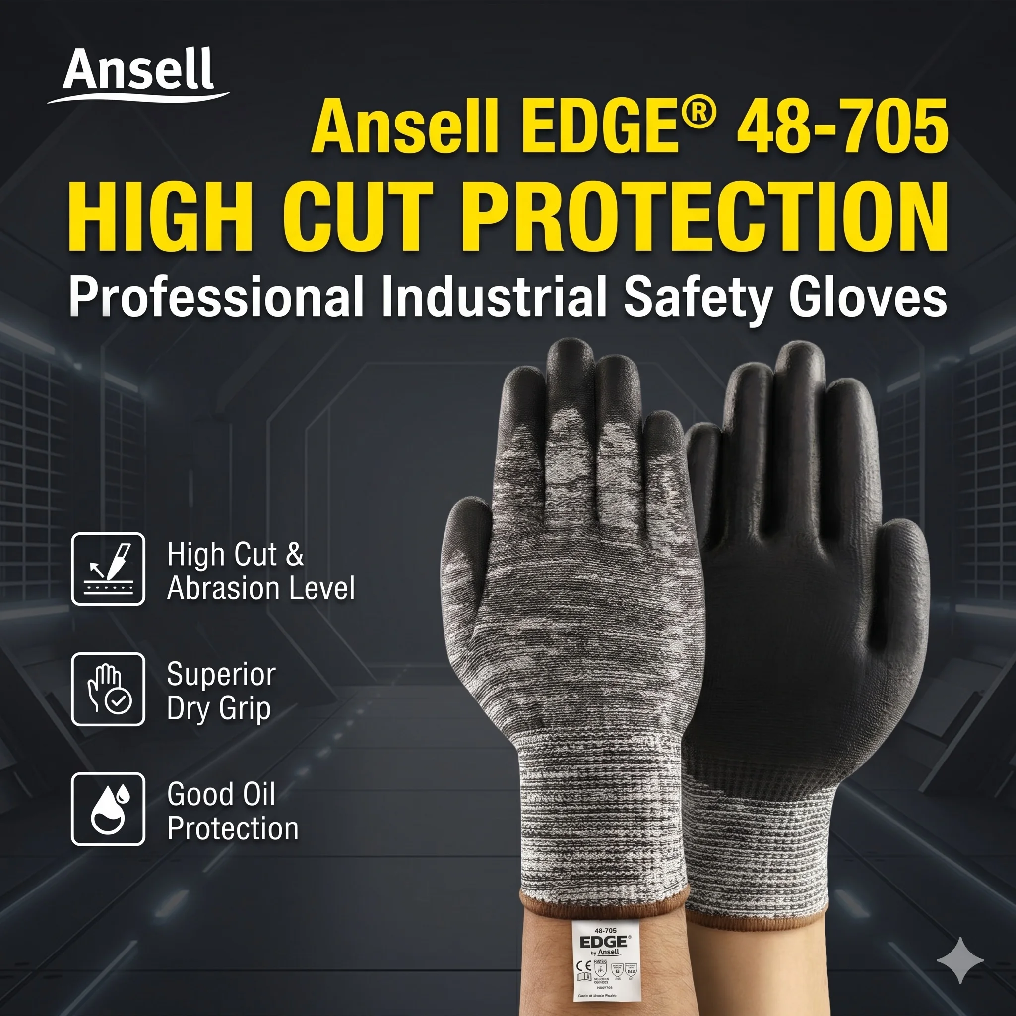 Фото Перчатки защитные Ansell 48-705 EDGE, устойчивые к порезам, из стекловолокна с полиуретановым покрытием, для мужчин и женщин, для промышленности №1