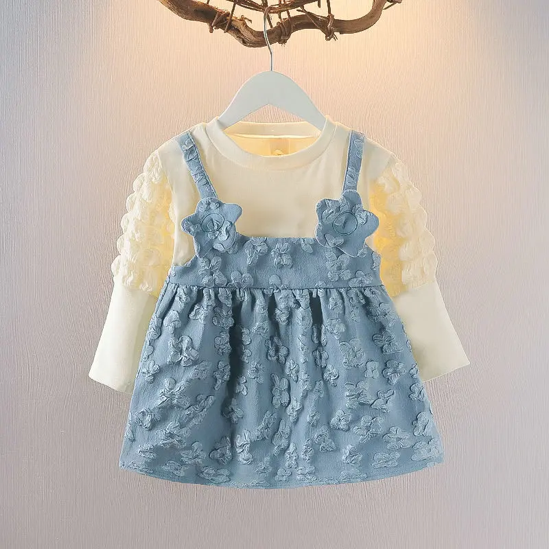 

Kids Clothes Children Round Neck Fake Two-piece Dress Sweet Lace Puff Long Sleeves Girls A-line with Strap Princess Dresses