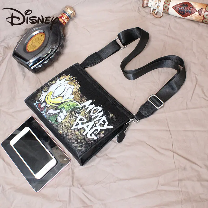 Disney Donald Duck Personality Pu Soft Leather Black Crossbody Bag Multifunctional Men's and Women's Large Capacity Shoulder Bag
