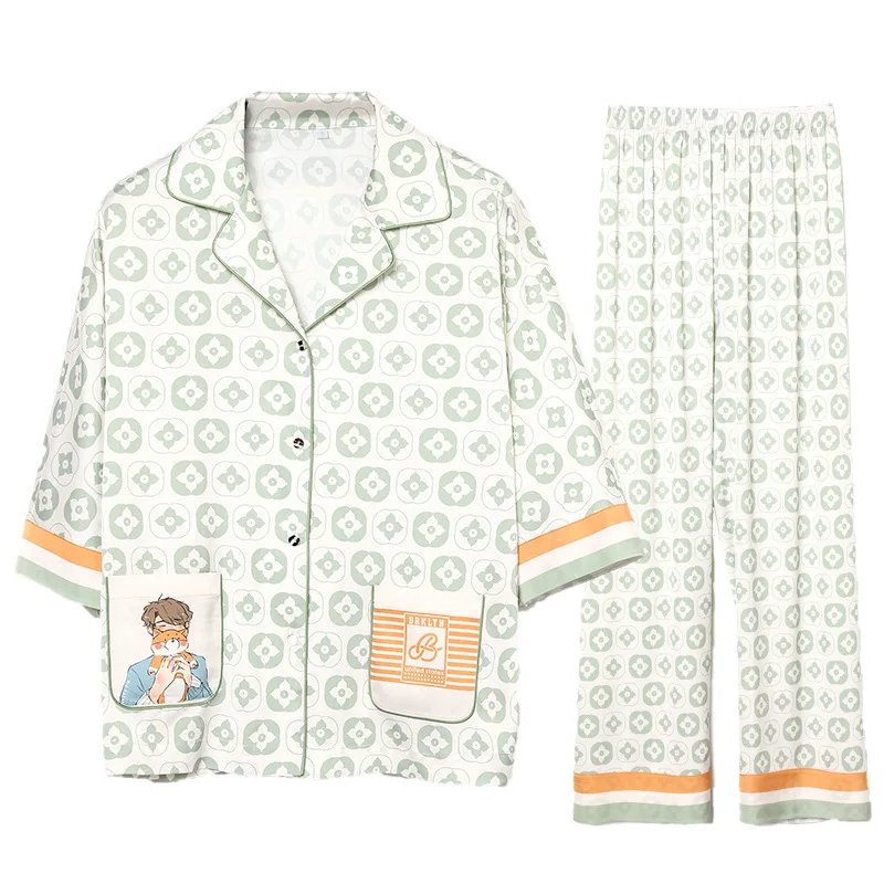 The New Summer Ice Silk Pijamas Set for Women Mid-sleeve Thin Section Silk Women Pajama Elegant Night Wears Loungewear Sets