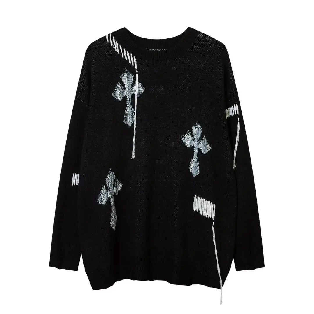 Abfer Autumn Winter Vintage Knitted Sweater Men High Street Cross Gothic Pullover Male Hip Hop Sweaters Casual Oversized Jumper