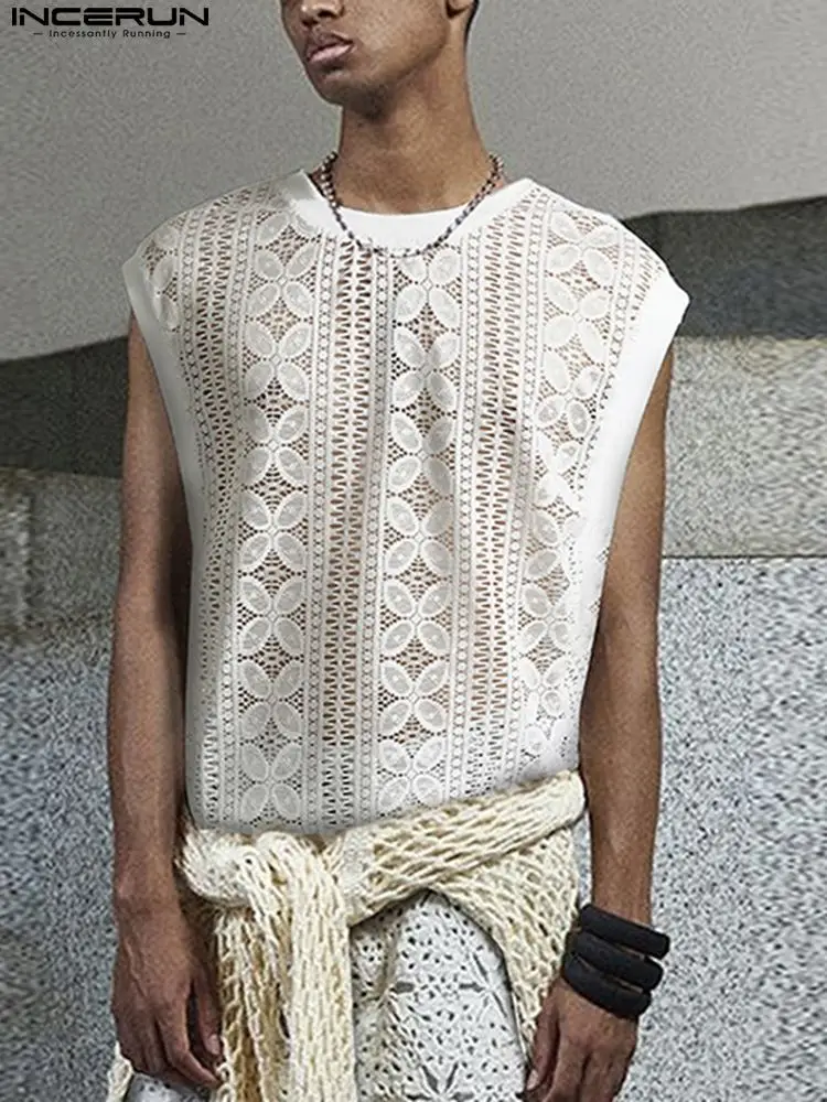 

INCERUN Men Tank Tops Lace Mesh Transparent Round Neck Sleeveless Streetwear 2022 Fashion Sexy Vests Men Loose Summer Tops S-5XL