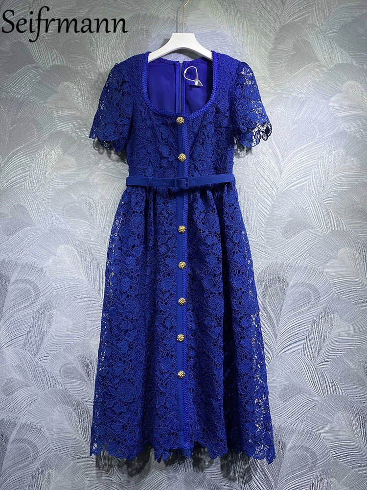 

Seifrmann High Quality 2023 Summer Women Fashion Designer Party Midi Dress Short Sleeve With Belt Hollow Out Blue Print Dresses