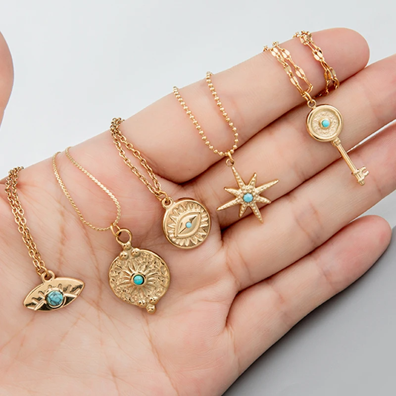 

Coin Style Evil Eye Pendants Necklaces Nature Stones Irregularity Sun Stars Maple Leaf Women Gold Plated Heart Fashion Jewelry