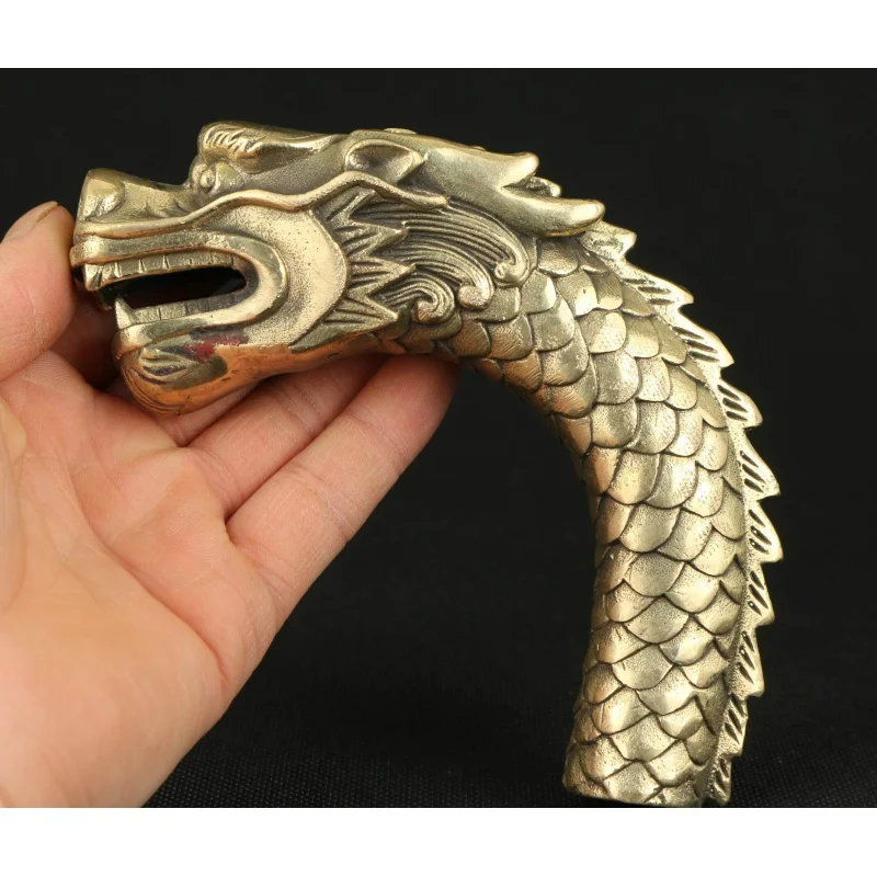 Asian Chinese Old Brass Hand-Cast Dragon Cane Head Statue