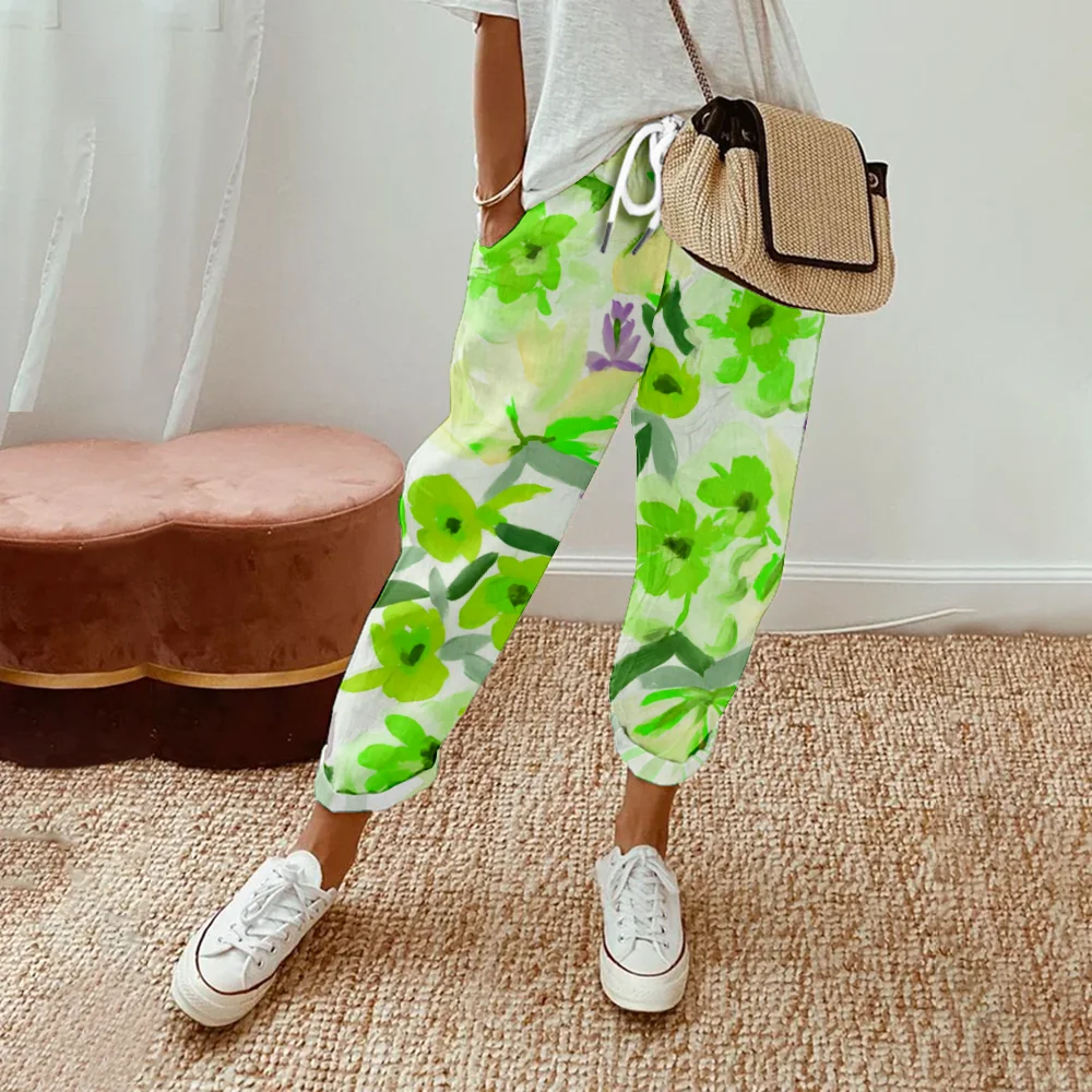 Брюки женские летние с цветочным принтом модные повседневные султанки