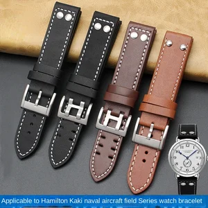 Genuine Leather Watch Strap for Hamilton Khaki Naval Aircraft Field Waterproof Sweat-Proof Soft Comf