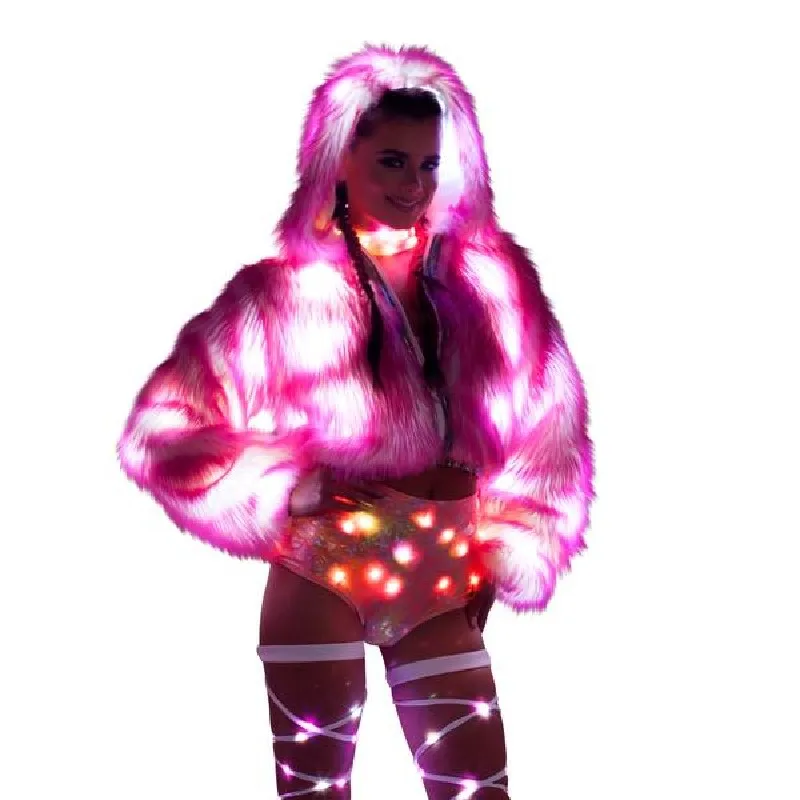 

LED Tron Dance Costume Woman Dancer Light Up Clothing Faux Fur Coat Bar Nightclub Christmas Party Rave Outfit Glow Jacket Wear