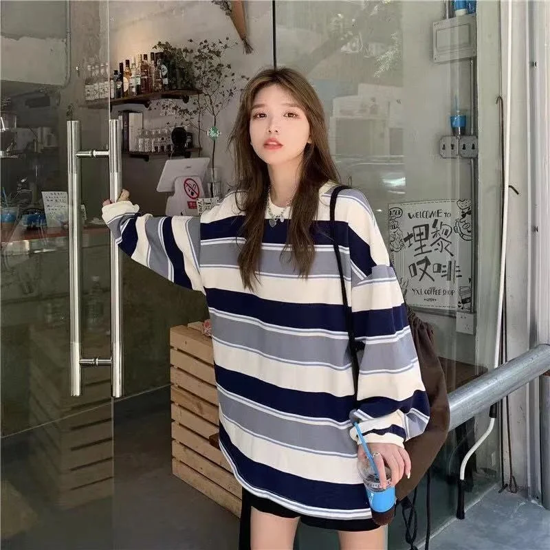 

Casual Vintage Female Rainbow Stripe Long Sleeve Top Women Korean Style Loose Base Sweater 2023 Spring Fall Oversized Hoodie Y2K